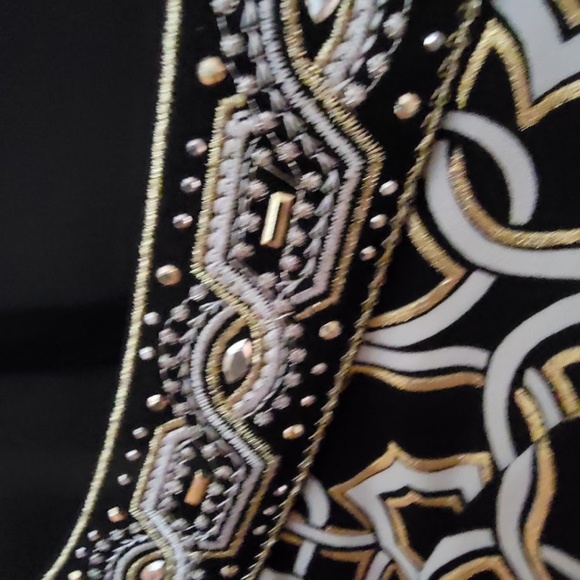 WHBM Black/Gold/White Metallic Midi Dress Embellished w/ Rhinestones. Size L - Picture 6 of 11